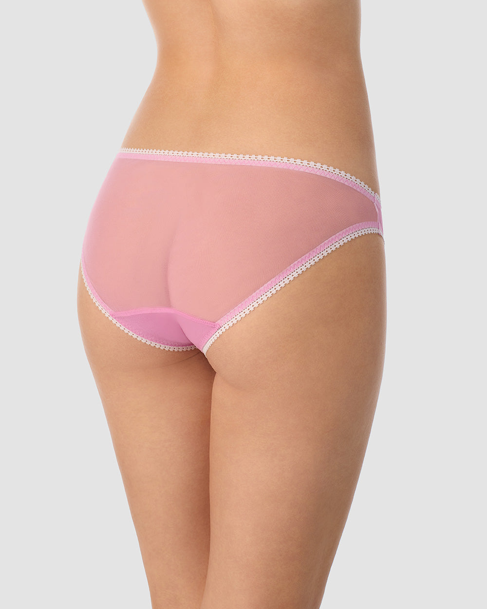 A lady wearing Pink Berry Gossamer Mesh Hip Bikini Underwear .