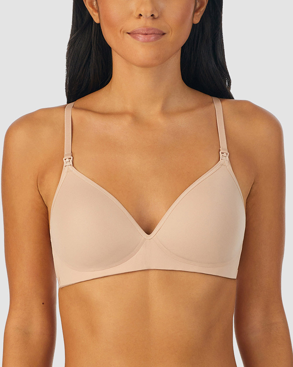 A lady wearing champagne next to nothing micro wireless nursing bra.