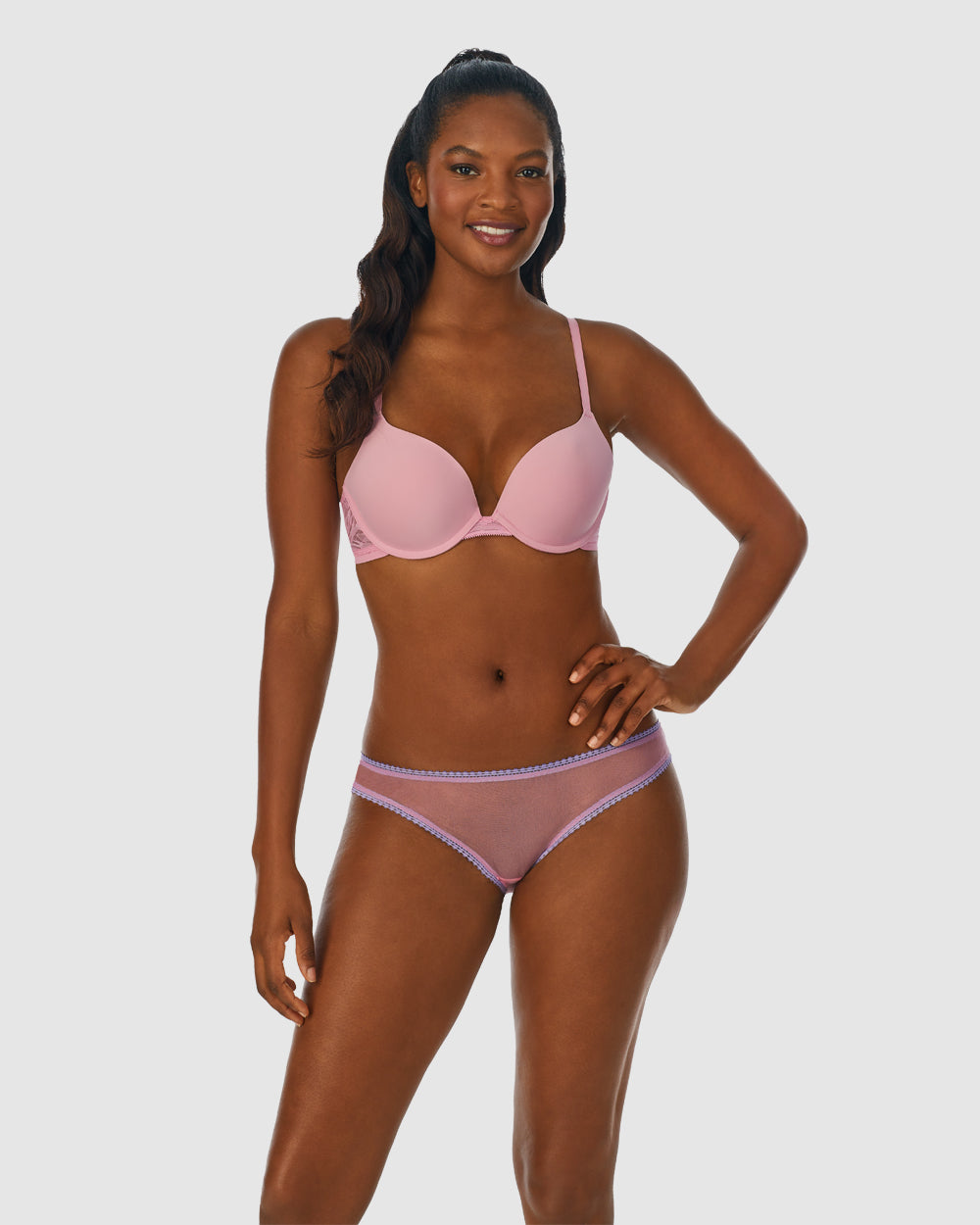 A lady wearing Cashmere Rose Sleek Micro Push Up Bra With Lace