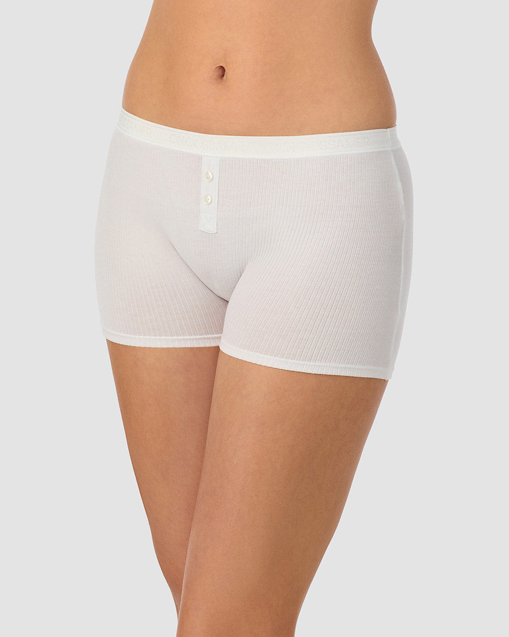 A lady wearing white Cabana Cotton Rib Boxer