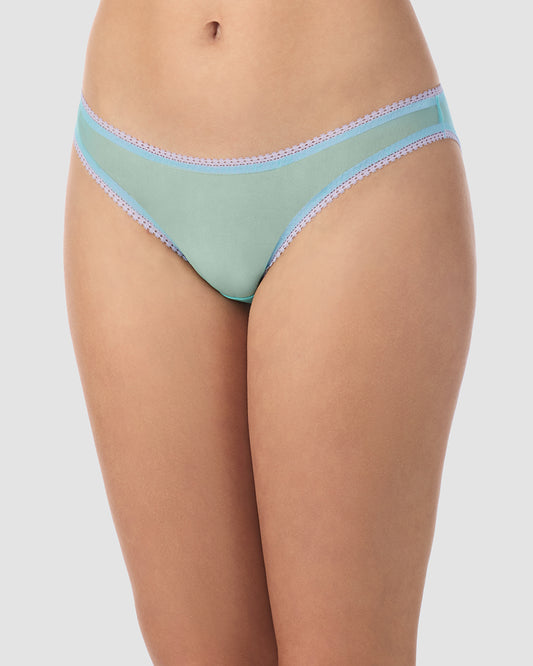 A lady wearing Gossamer Mesh Hip Bikini Underwear waterfall color