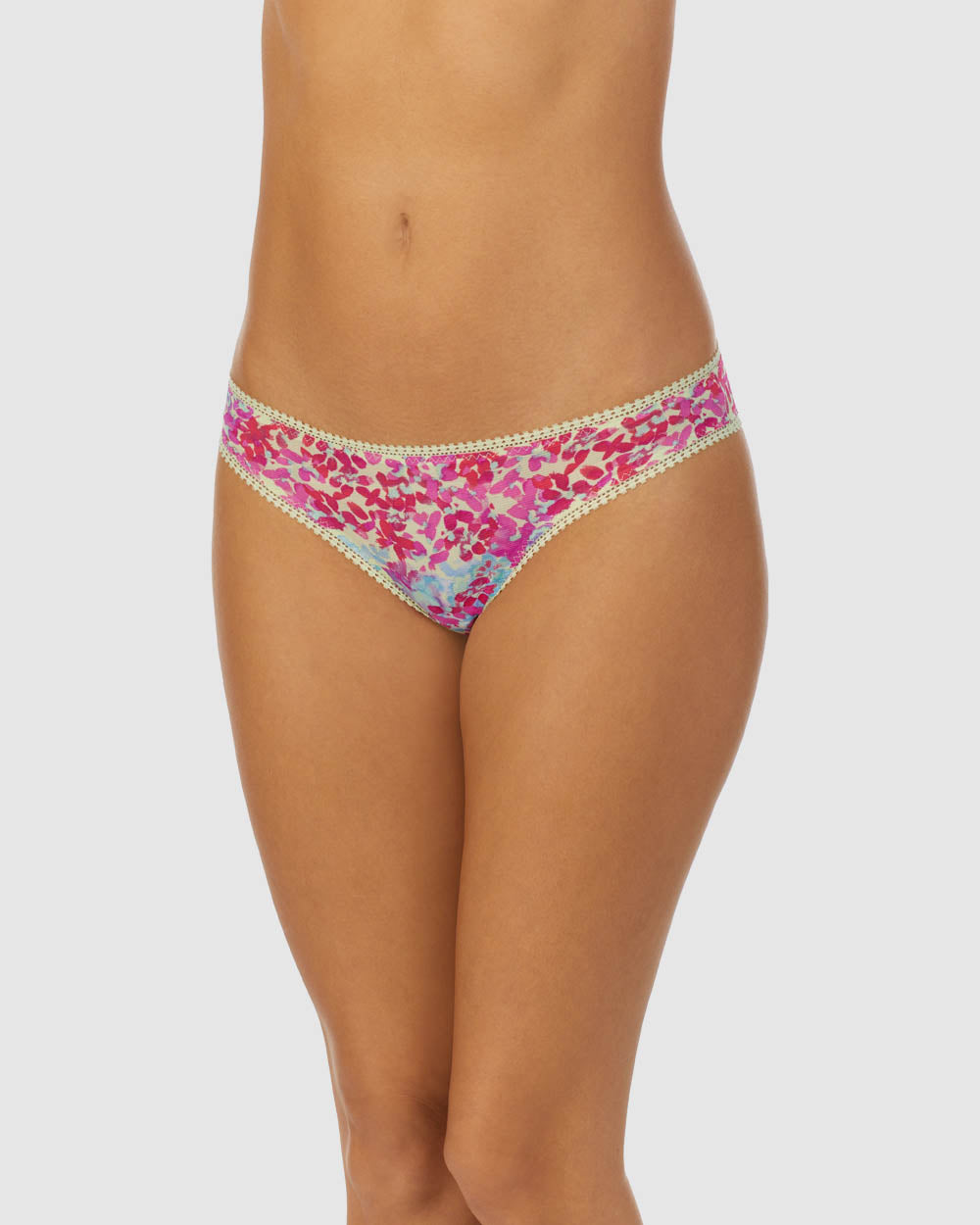 A lady wearing bright blooms Triple Mesh Hip Bikini Underwear