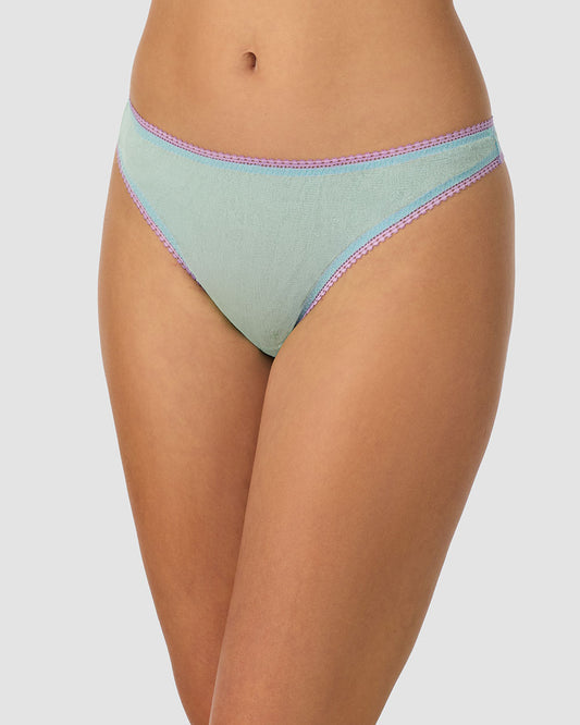 A lady wearing blue radiance Gossamer Mesh Hip G Thong Underwear