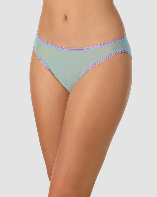 A lady wearing blue radiance Gossamer Mesh Hip Bikini Underwear