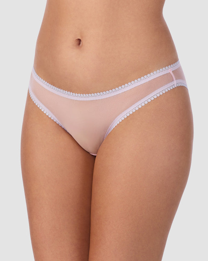 A lady wearing Gossamer Mesh Hip Bikini Underwear in Ballet Pink