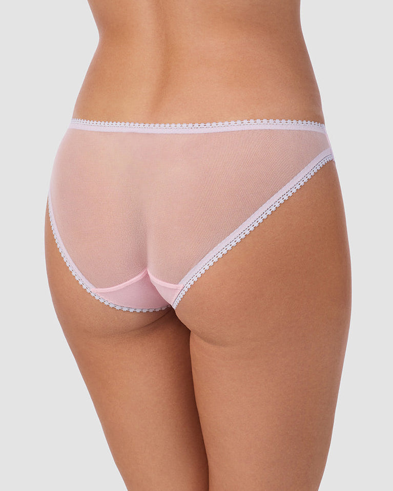 A lady wearing Gossamer Mesh Hip Bikini Underwear in Ballet Pink