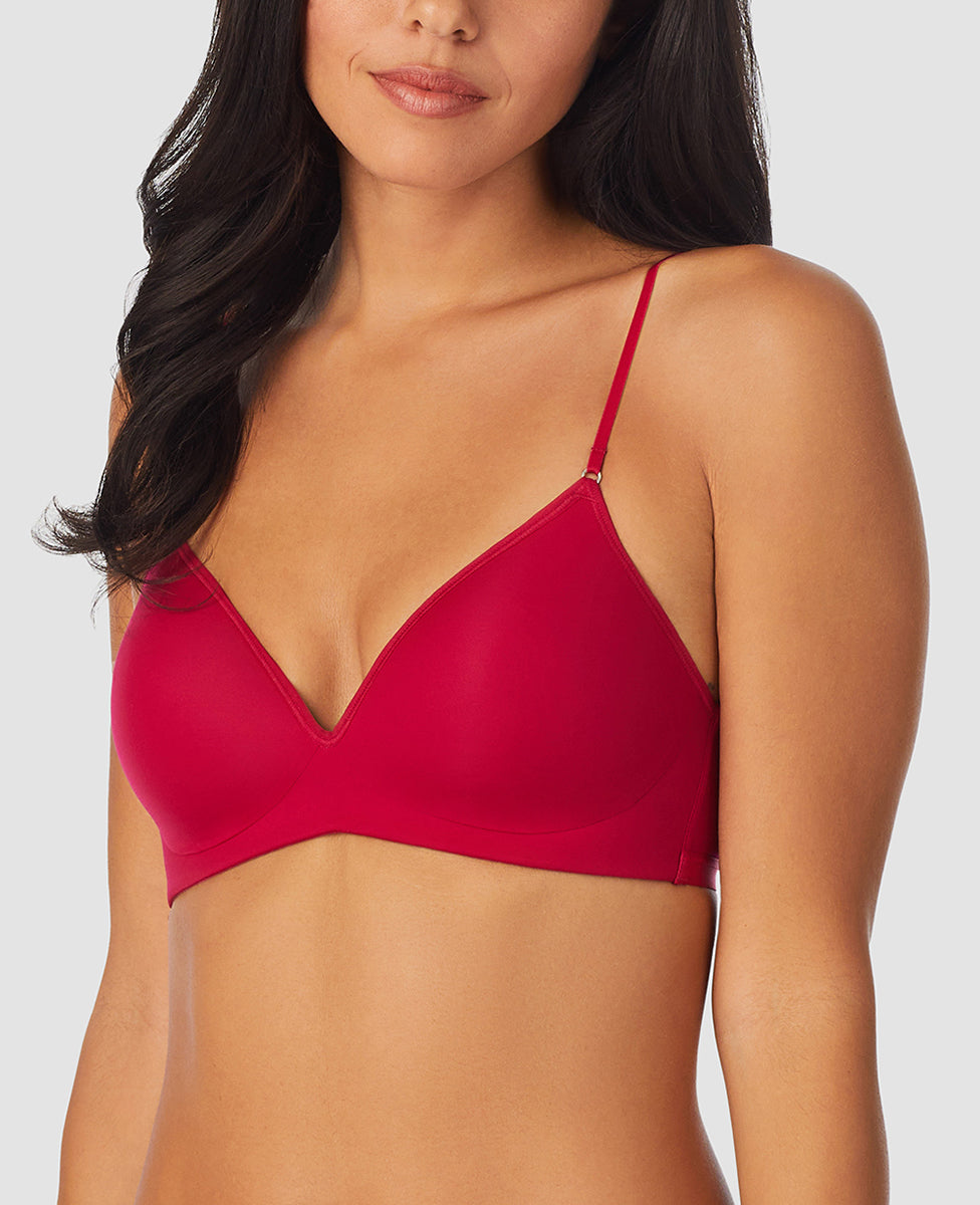 A lady wearing red hot next to nothing micro wireless bra