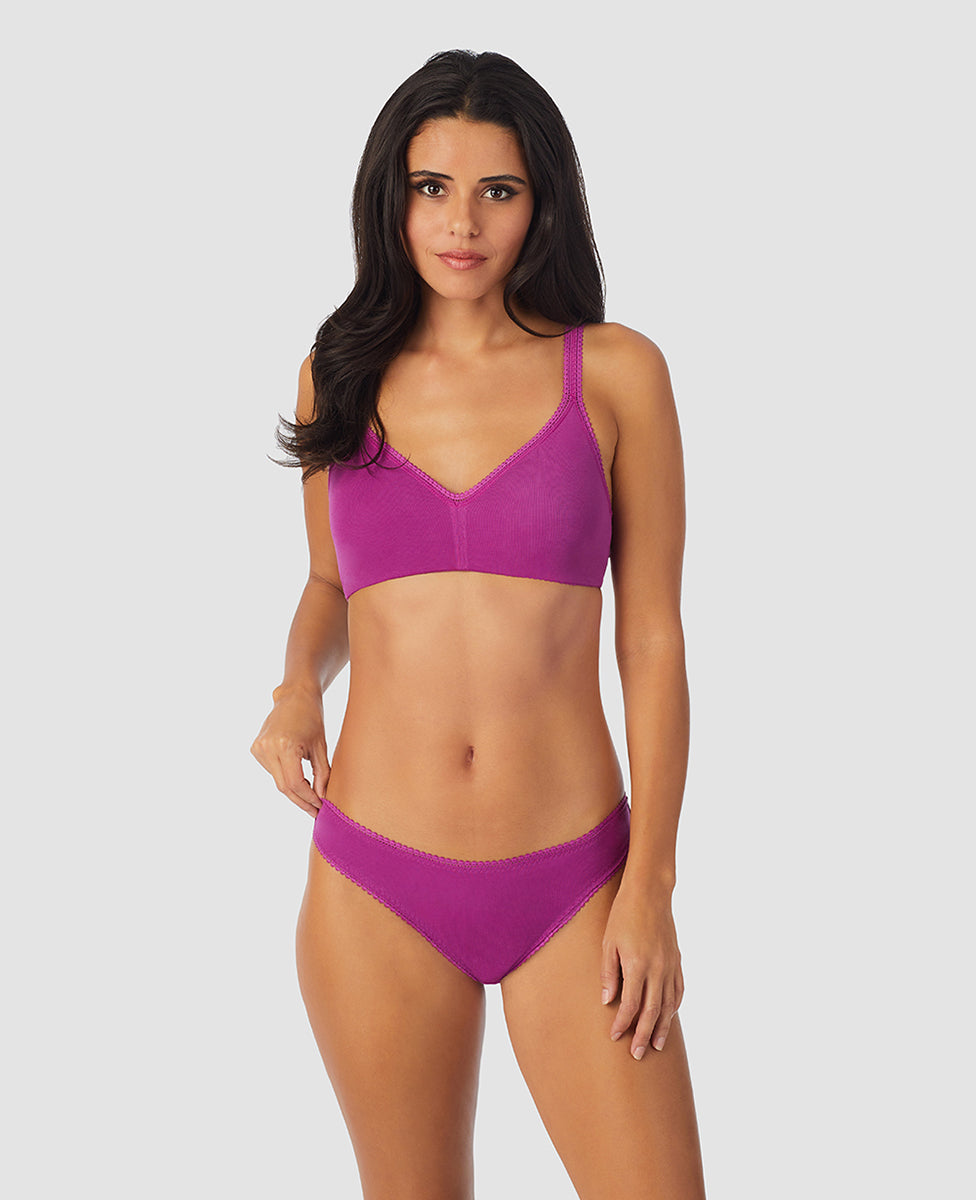 A lady wearing purple wine cabana cotton bralette.