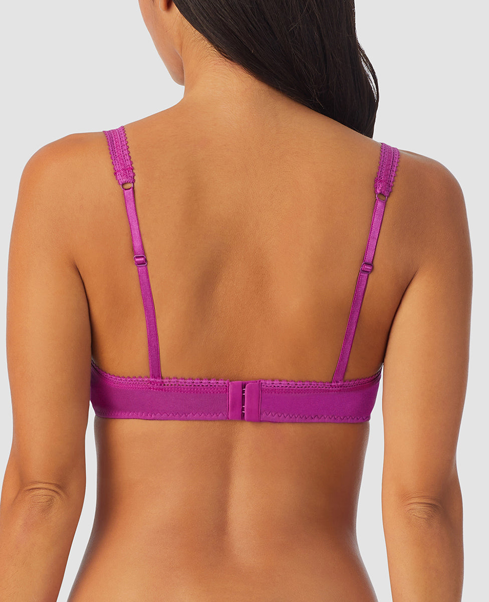 A lady wearing purple wine cabana cotton bralette.