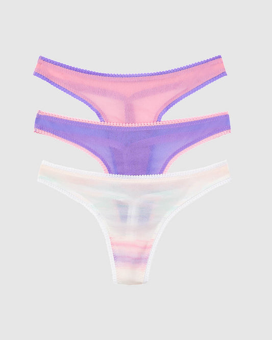 Gossamer Mesh Hip G Thong Underwear 3-Pack - Iris/Sea Pink/Sunset Stripe