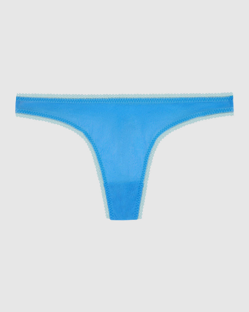 A lady wearing light blue gossamer mesh hip G thong  underwear.