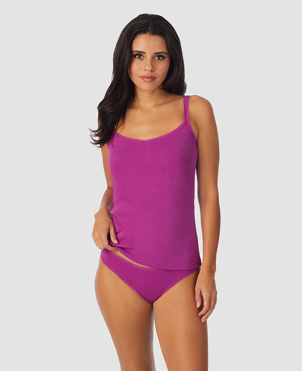 A lady wearing purple wine cabana cotton revisable cami.