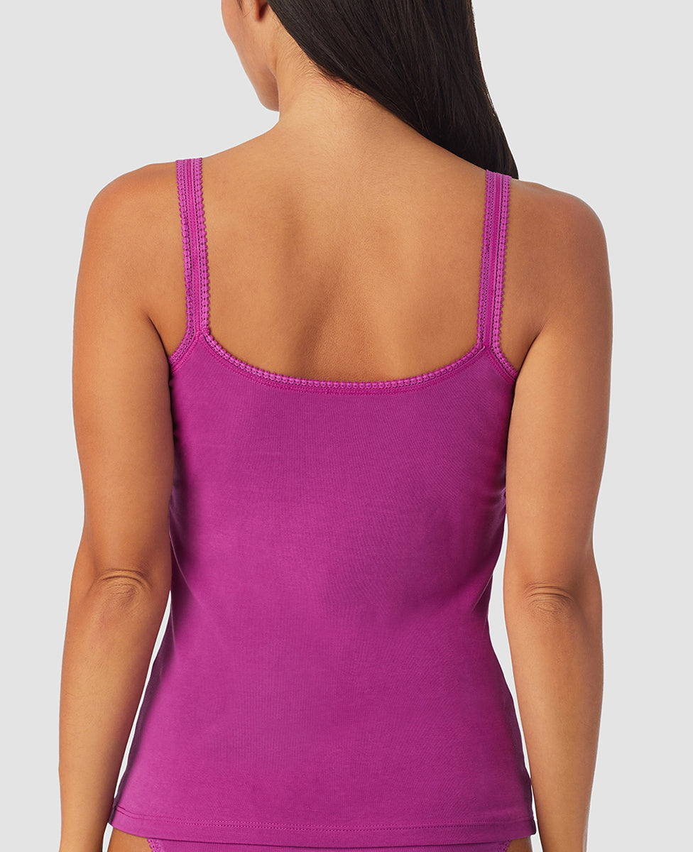 A lady wearing purple wine cabana cotton revisable cami.