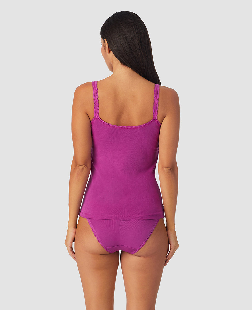 A lady wearing purple wine cabana cotton revisable cami.