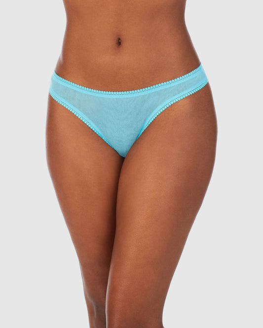 A lady wearing a Maui Blue Gossamer Mesh Hip G Thong Underwear
