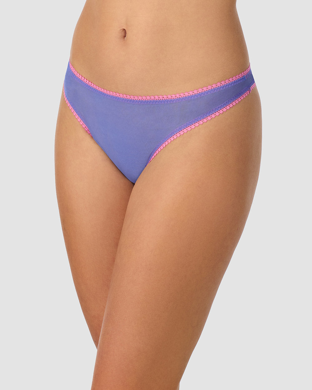 A lady wearing bajaj blue Gossamer Mesh Hip G Thong Underwear 