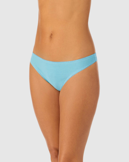 A lady wearing turquise sea cabana cotton hip g thong underwear.