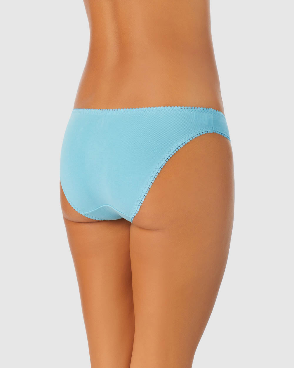 A lady wearing turquoise sea cabana cotton hip bikini underwear.