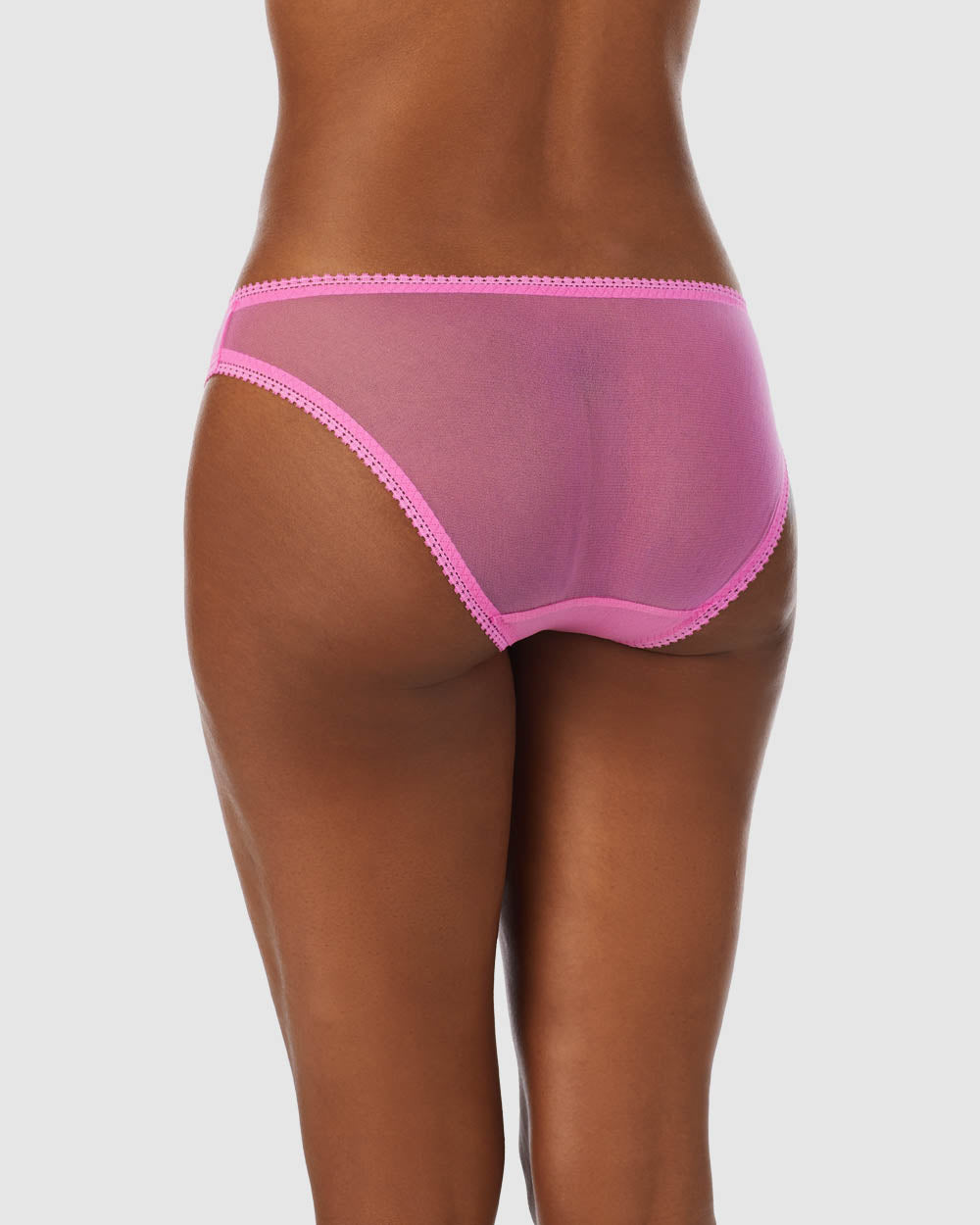  A lady wearing Bright Pink Gossamer Mesh Hip Bikini Underwear
