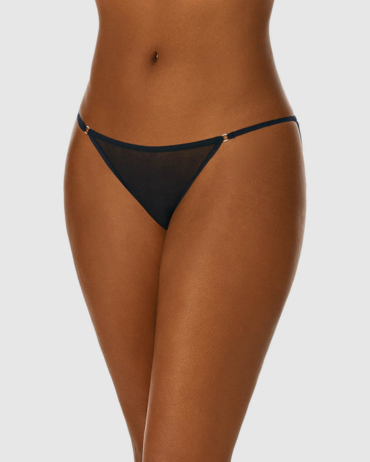 A lady wearing black Gossamer Mesh String Bikini Underwear