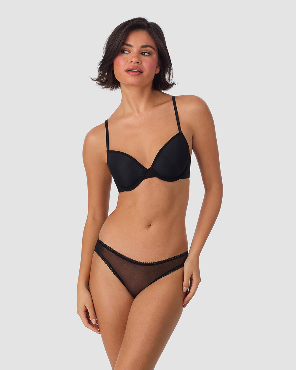 A lady wearing Gossamer Mesh Infinity T Shirt Bra - Black looking side