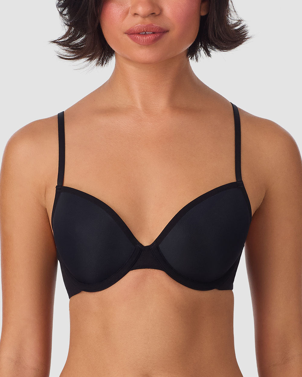 A lady wearing Gossamer Mesh Infinity T Shirt Bra - Black closer look