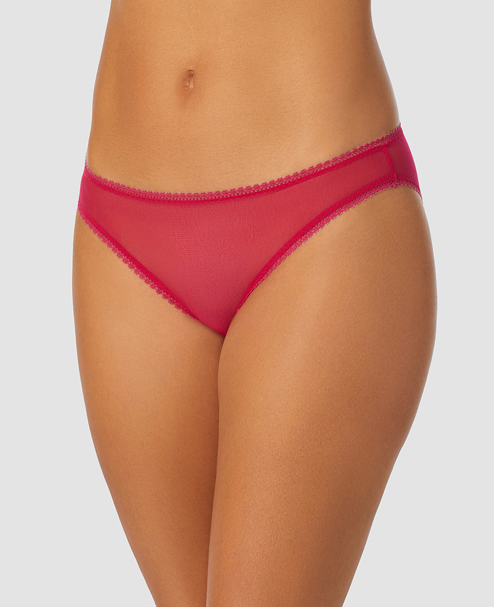 A lady wearing red hot gossamer mesh hip bikini underwear