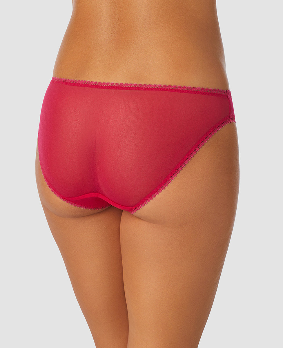 A lady wearing red hot gossamer mesh hip bikini underwear