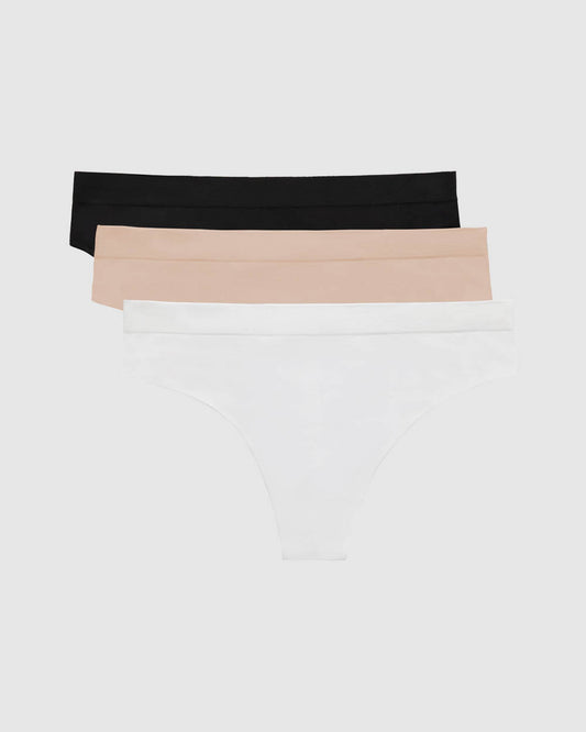 A Cabana Cotton Seamless Thong Underwear 3-Pack - Black-White-Champagne
