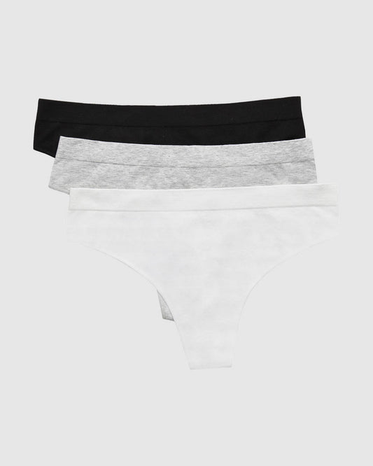 A Cabana Cotton Seamless Thong Underwear 3 Pack  - Black White Heather Grey
