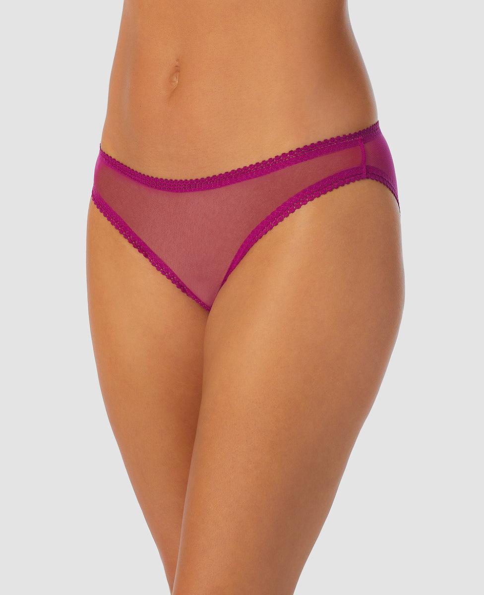 A lady wearing purple wine gossamer mesh hip bikini underwear