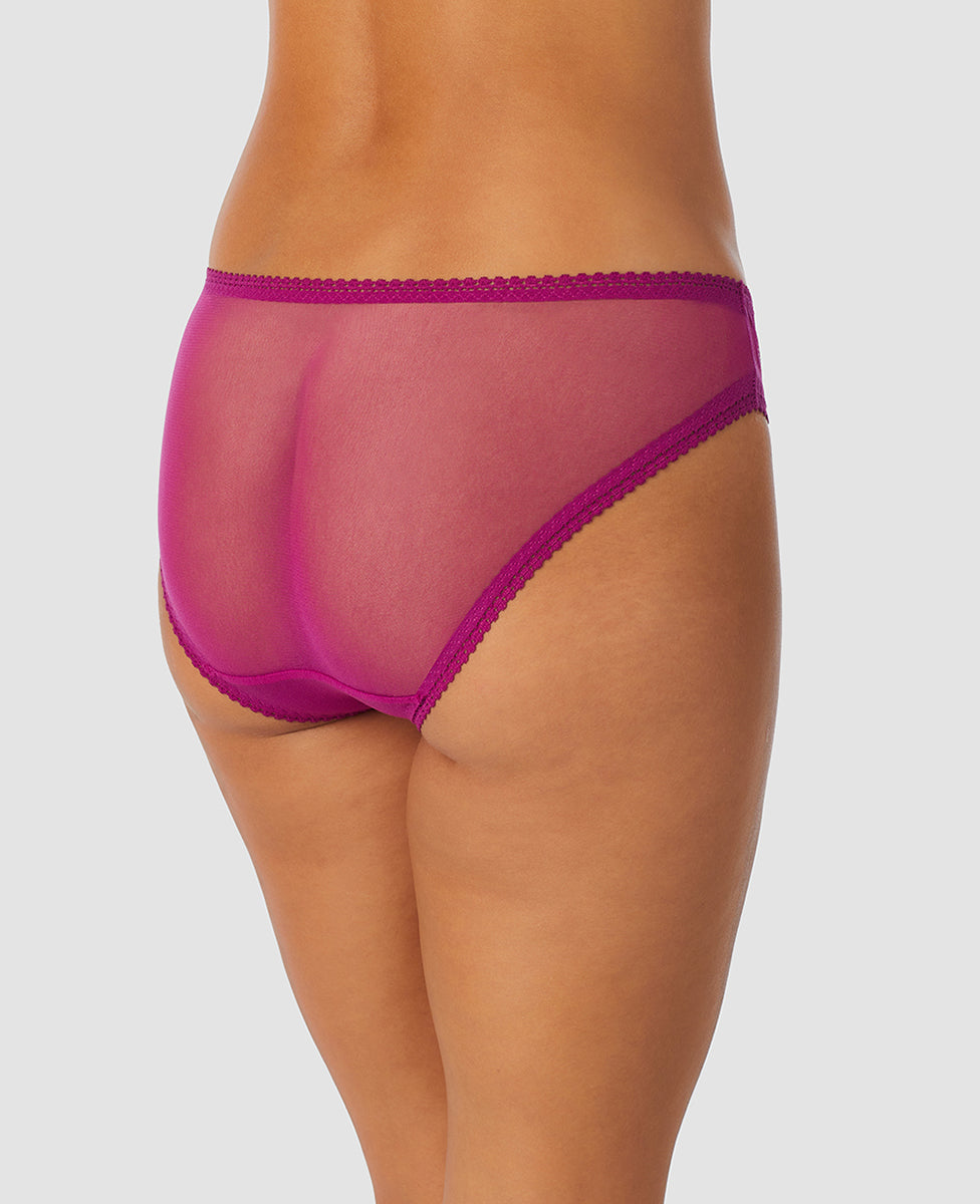 A lady wearing purple wine gossamer mesh hip bikini underwear