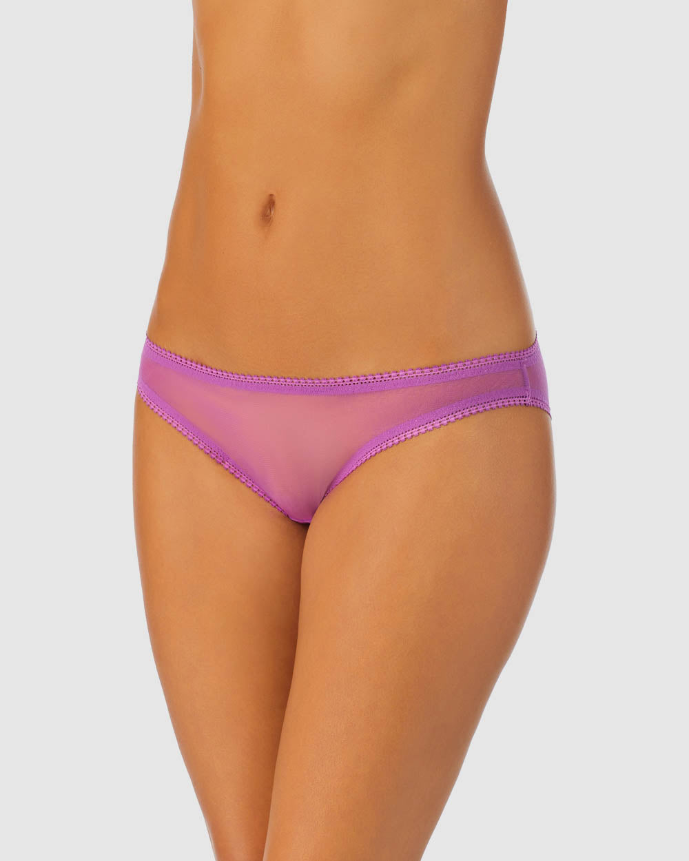 A lady wearing striking purple gossamer mesh hip g underwear.
