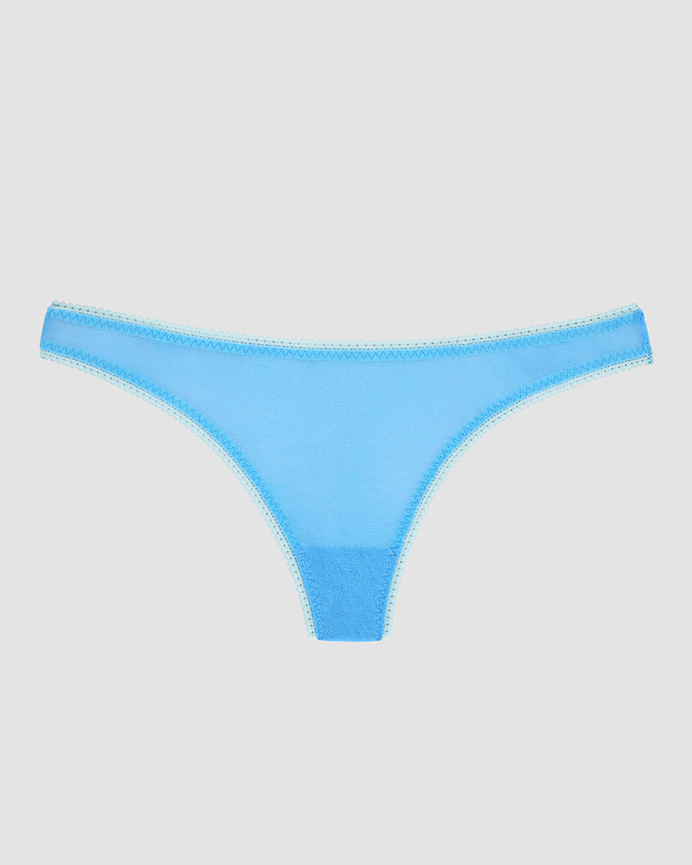 A lady is wearing Blue Hydrangea Gossamer Mesh Hip G Thong Underwear