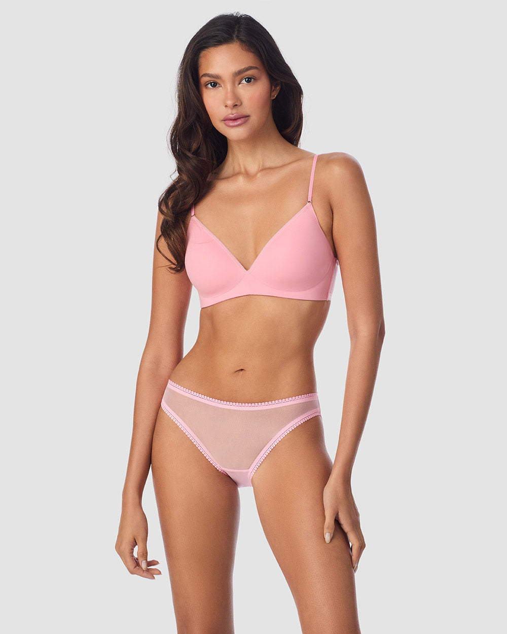 A Lady Wearing Next to Nothing Micro Wireless Bra - Peony Facing front with a standing pose