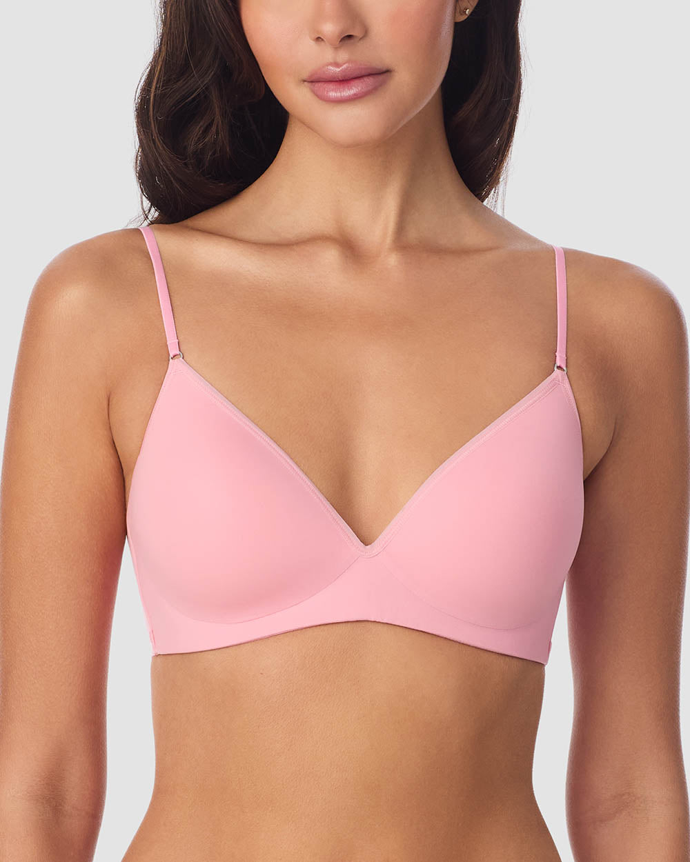 A Lady Wearing Next to Nothing Micro Wireless Bra - Peony Facing front with a half close up shot