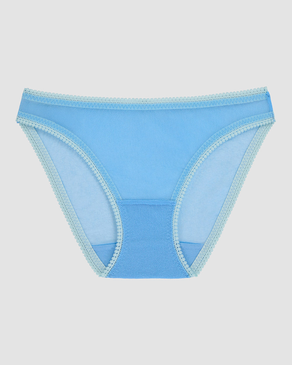 A lady is wearing Blue Hydrangea Gossamer Mesh Hip Bikini Underwear.