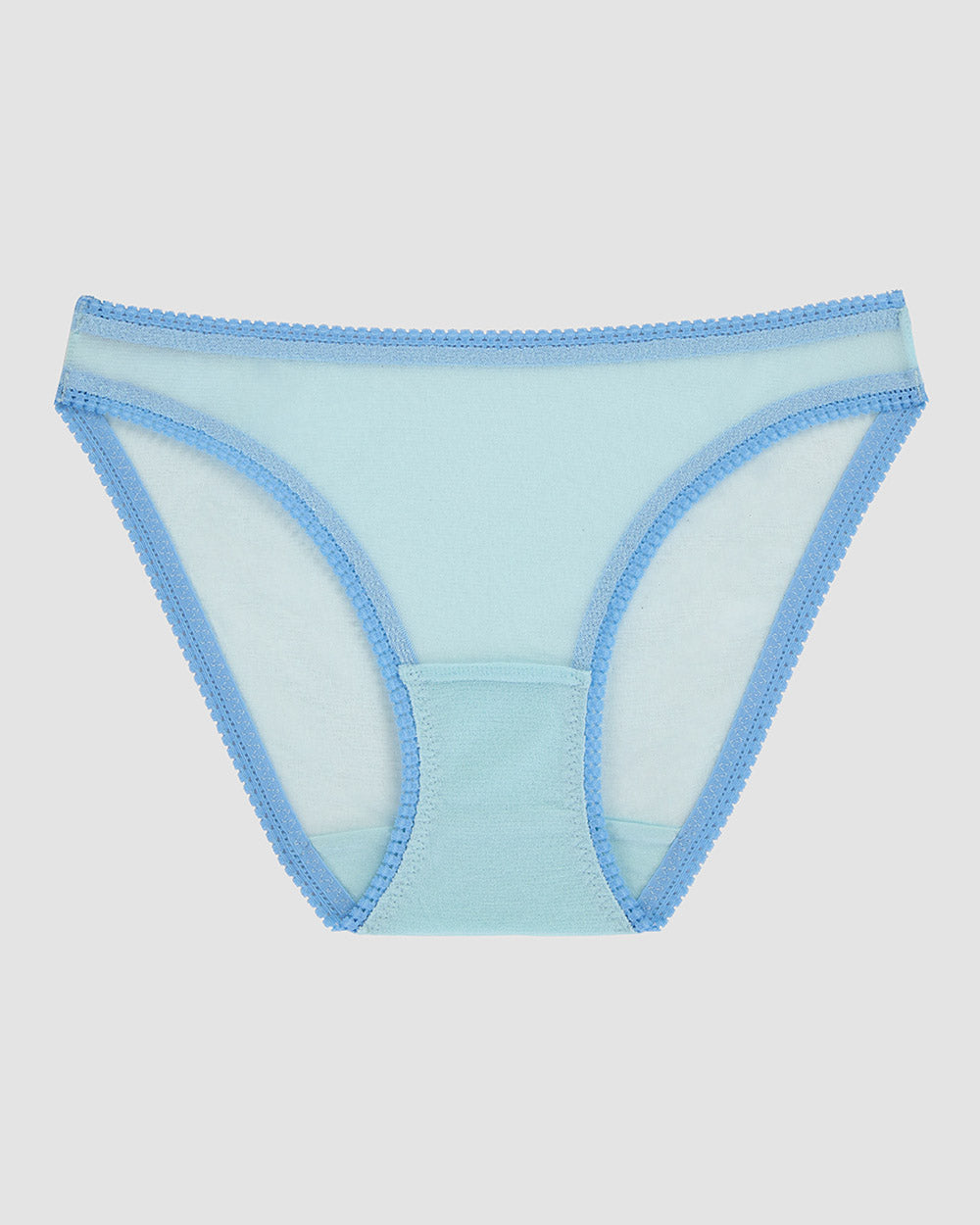 A lady is wearing Icy Blue Gossamer Mesh Hip Bikini Underwear
