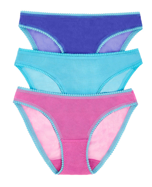 A Gossamer Mesh Hip Bikini Underwear 3-Pack - Blue Iris Maui Blue Wild Orchid