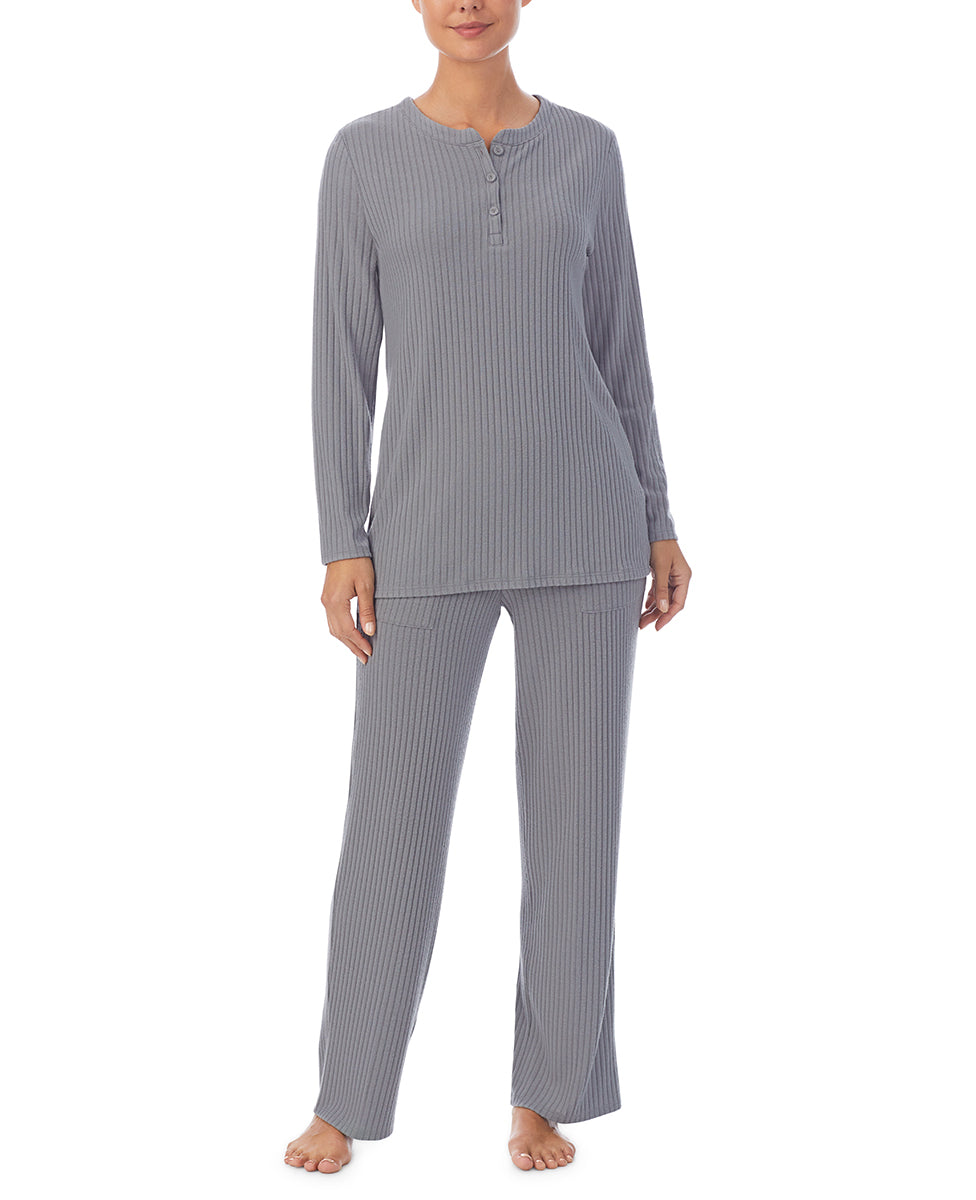 A lady wearing Grey Henley Pj Set