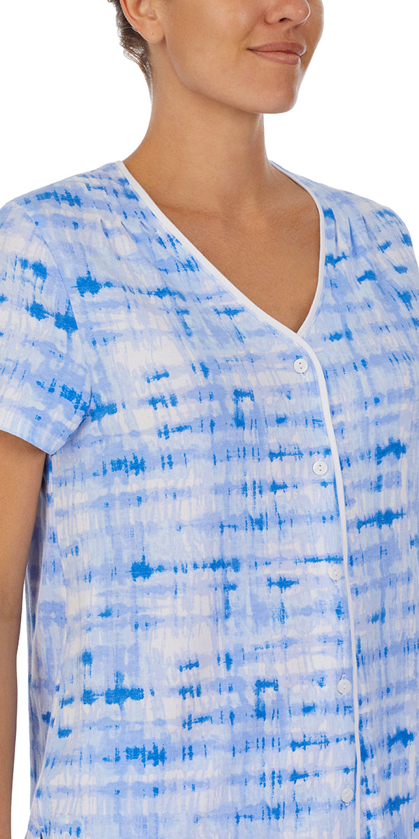A lady wearing Tie Dye Short Sleeveboxer Contrast Trim Pajama Set