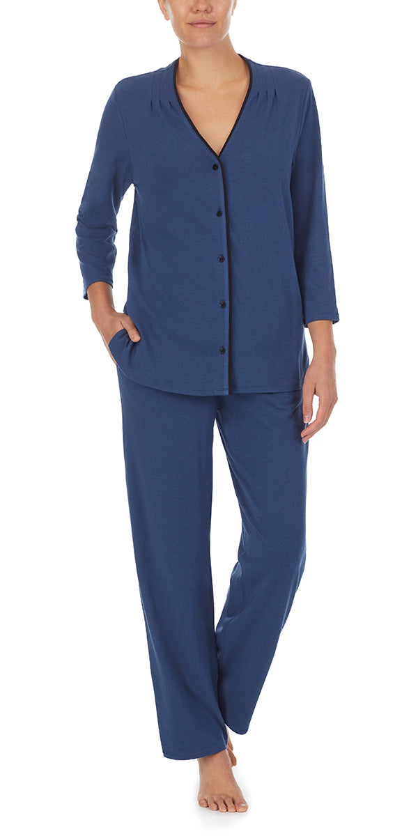 A lady wearing Slate Navy 3/4 Sleeve Contrast Trim Pajama Set