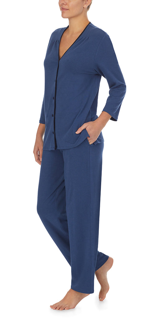 A lady wearing Slate Navy 3/4 Sleeve Contrast Trim Pajama Set
