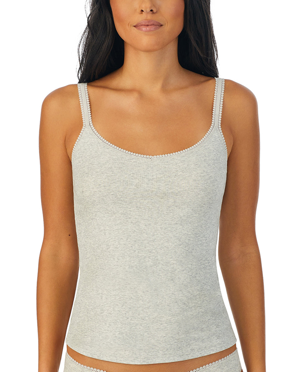 A lady wearing heather grey cabana cotton reversible cami.