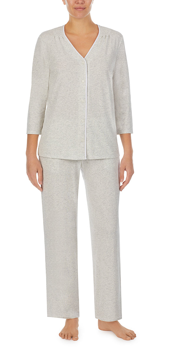 A lady wearing Heather Grey 3/4 Sleeve Contrast Trim Pajama Set