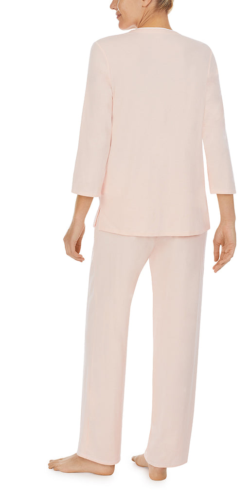 A lady wearing Blush 3/4 Sleeve Contrast Trim Pajama Set