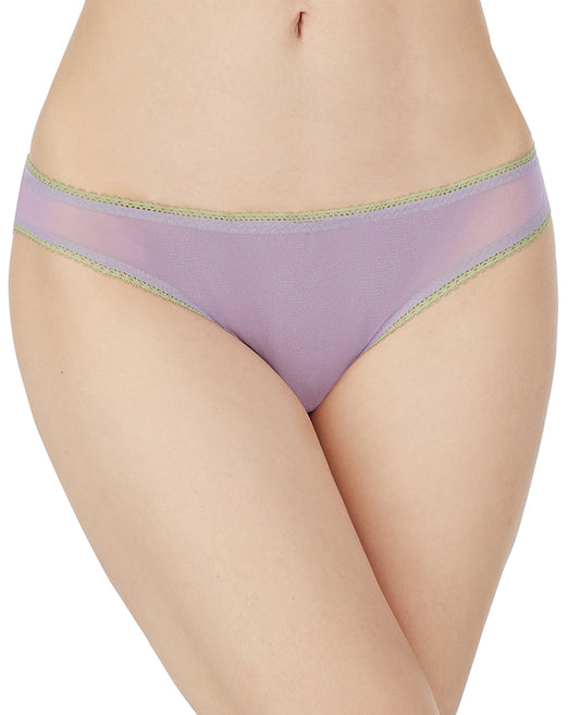 A lady wearing violet Tulip gossamer mesh hip bikini underwear.