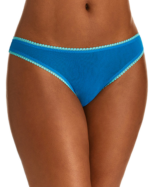 A lady wearing a mykonos blue gossamer mesh hip G thong underwear.