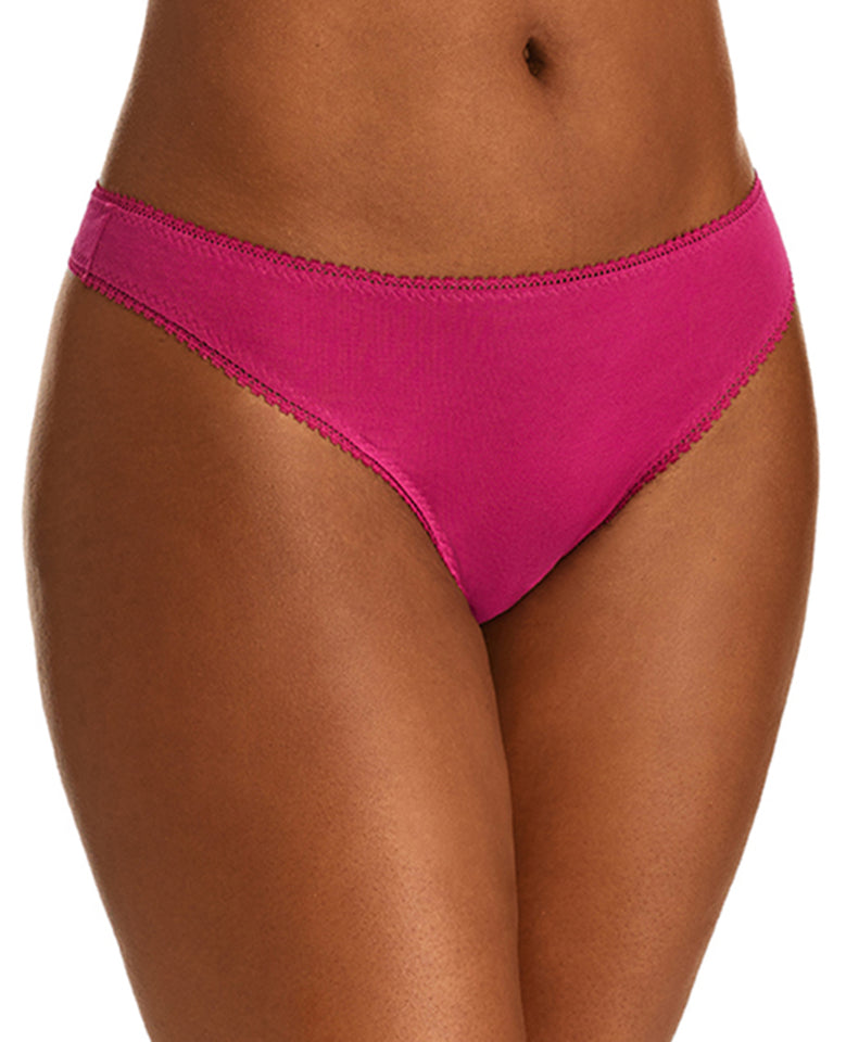 A lady wearing a deep magenta cabana cotton hip G thong underwear.