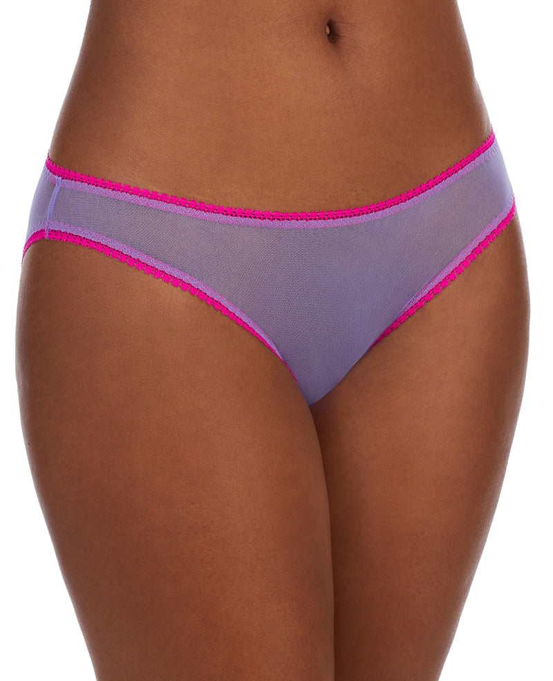 A lady wearing Aster Purple Gossamer Mesh Hip Bikini Underwear
